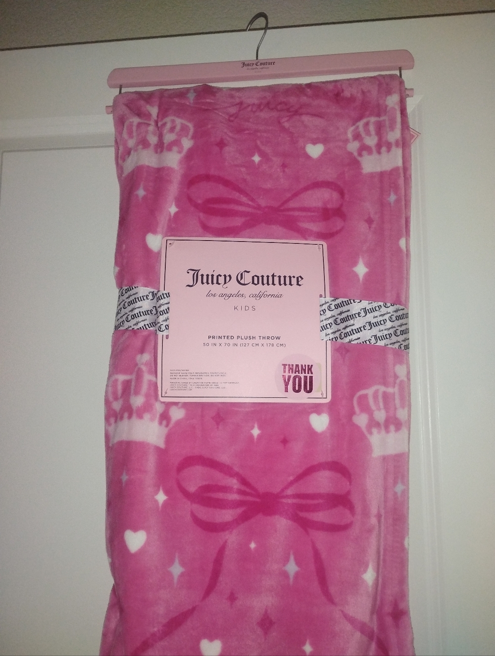 Juicy Couture Kids Hot Pink Plush Throw with Bows & Crowns